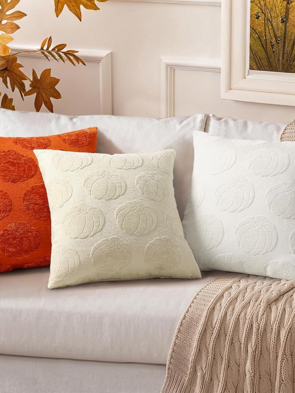 Chenille Rust Pumpkin Soft Throw Pillow Covers 20x20 Set of 2 | Fall Decorative - Picture 5 of 6